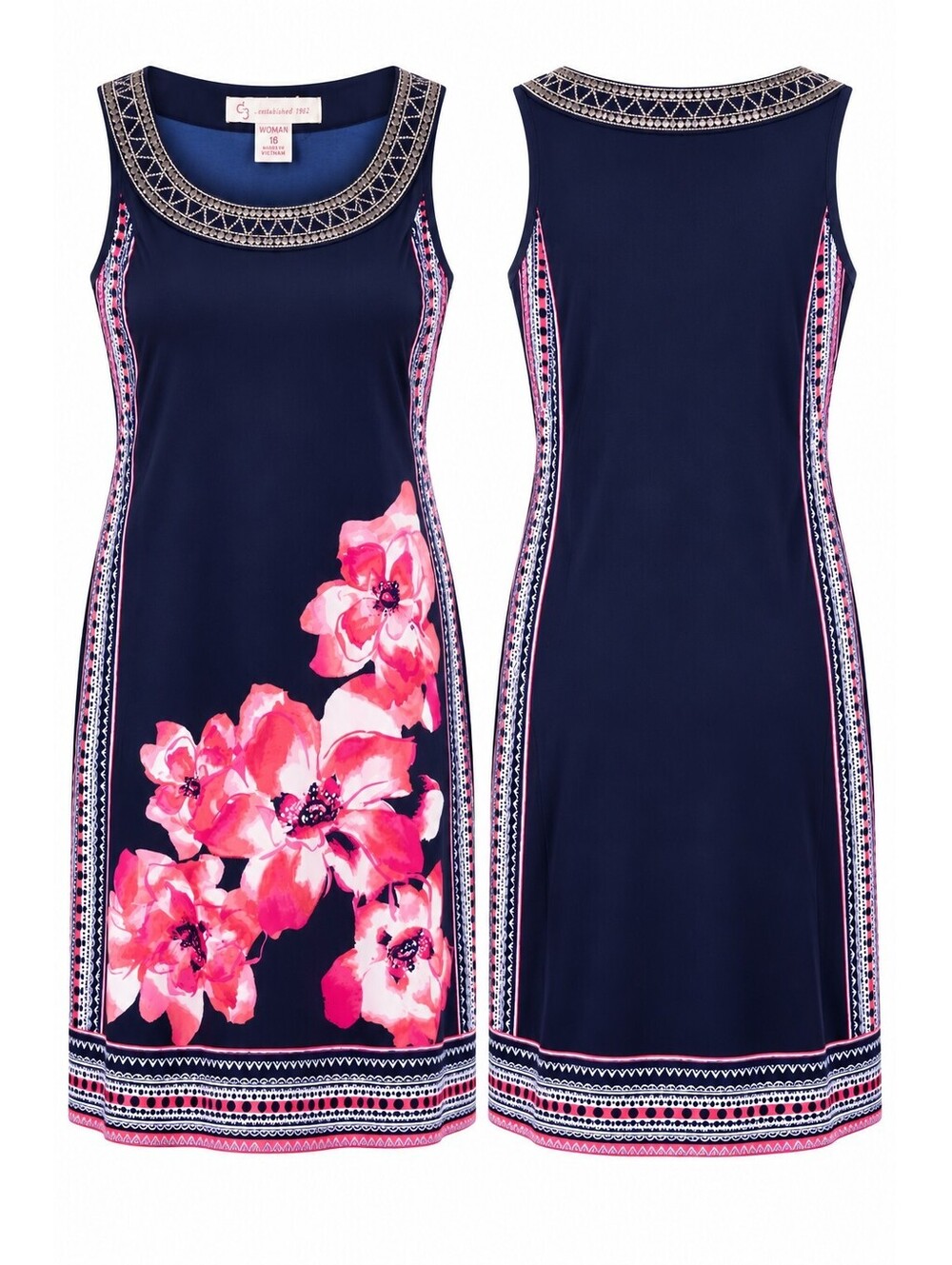 Coldwater Creek Navy Blue Sleeveless Dress with Floral Print and Embellished Neh